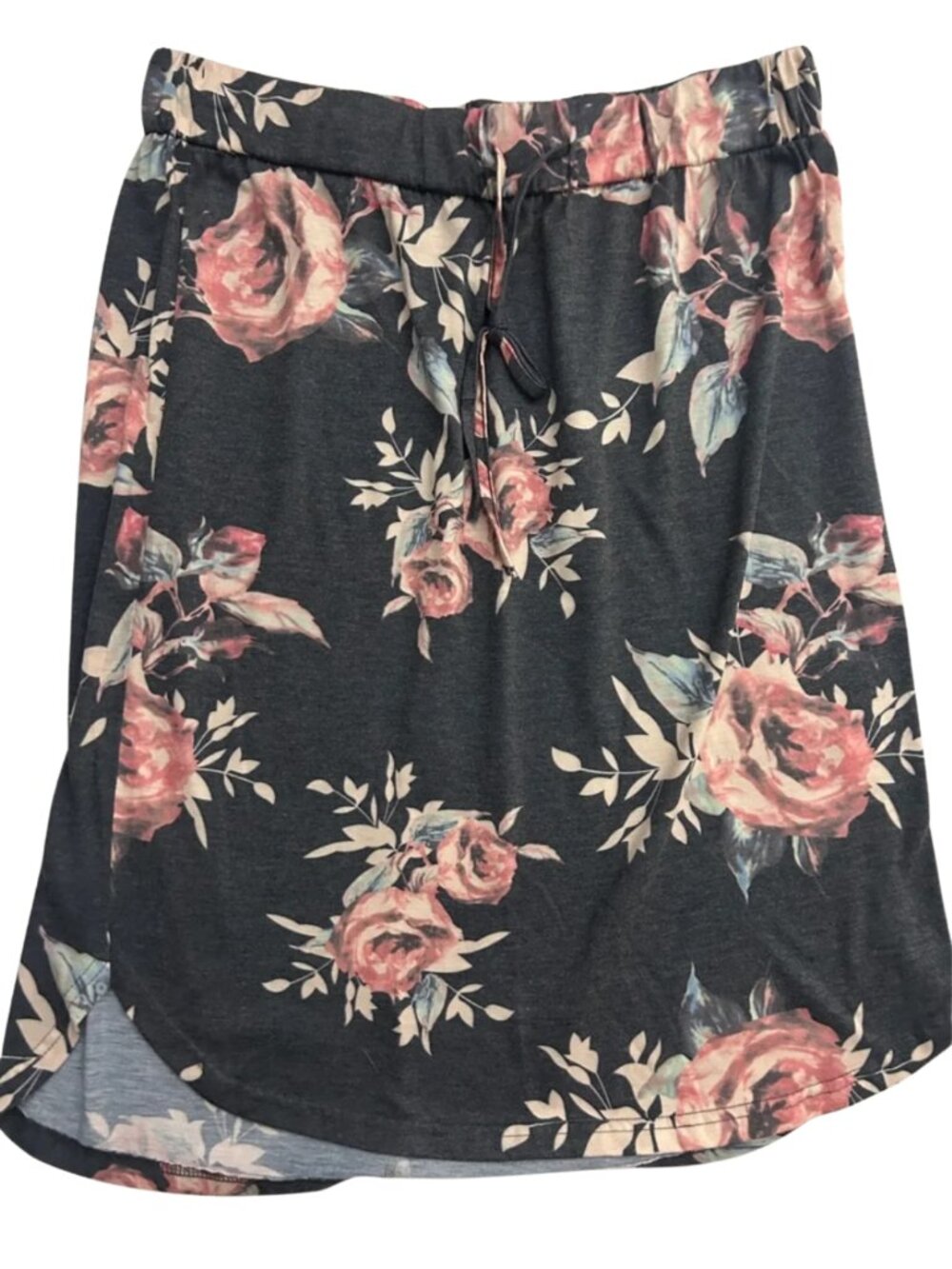 Tickled Teal Charcoal Floral Skirt | Pink Rose Print Pull-On Midi Skirt